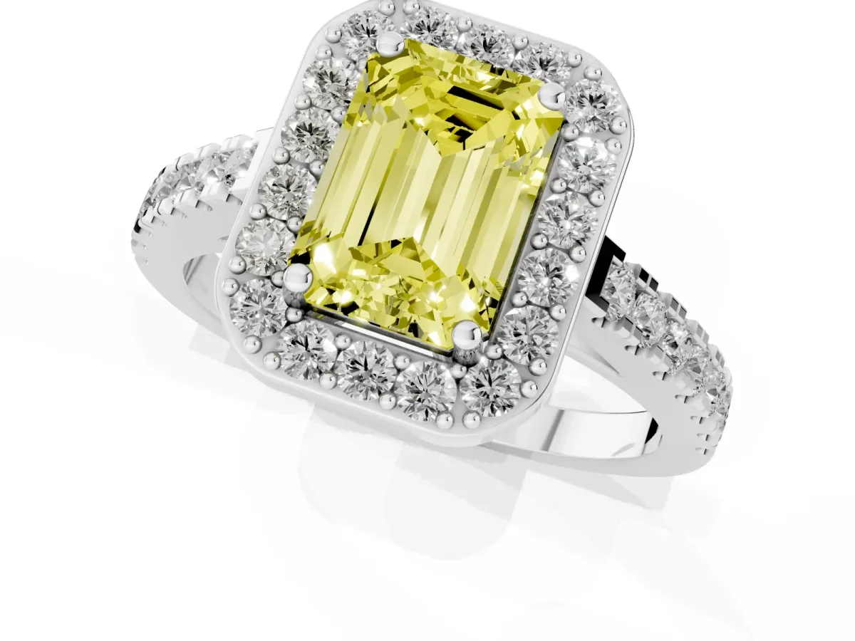 Fancy Yellow Emerald Cut Diamond Halo Ring with Round Pavé Split Shank and Prong Setting Silver