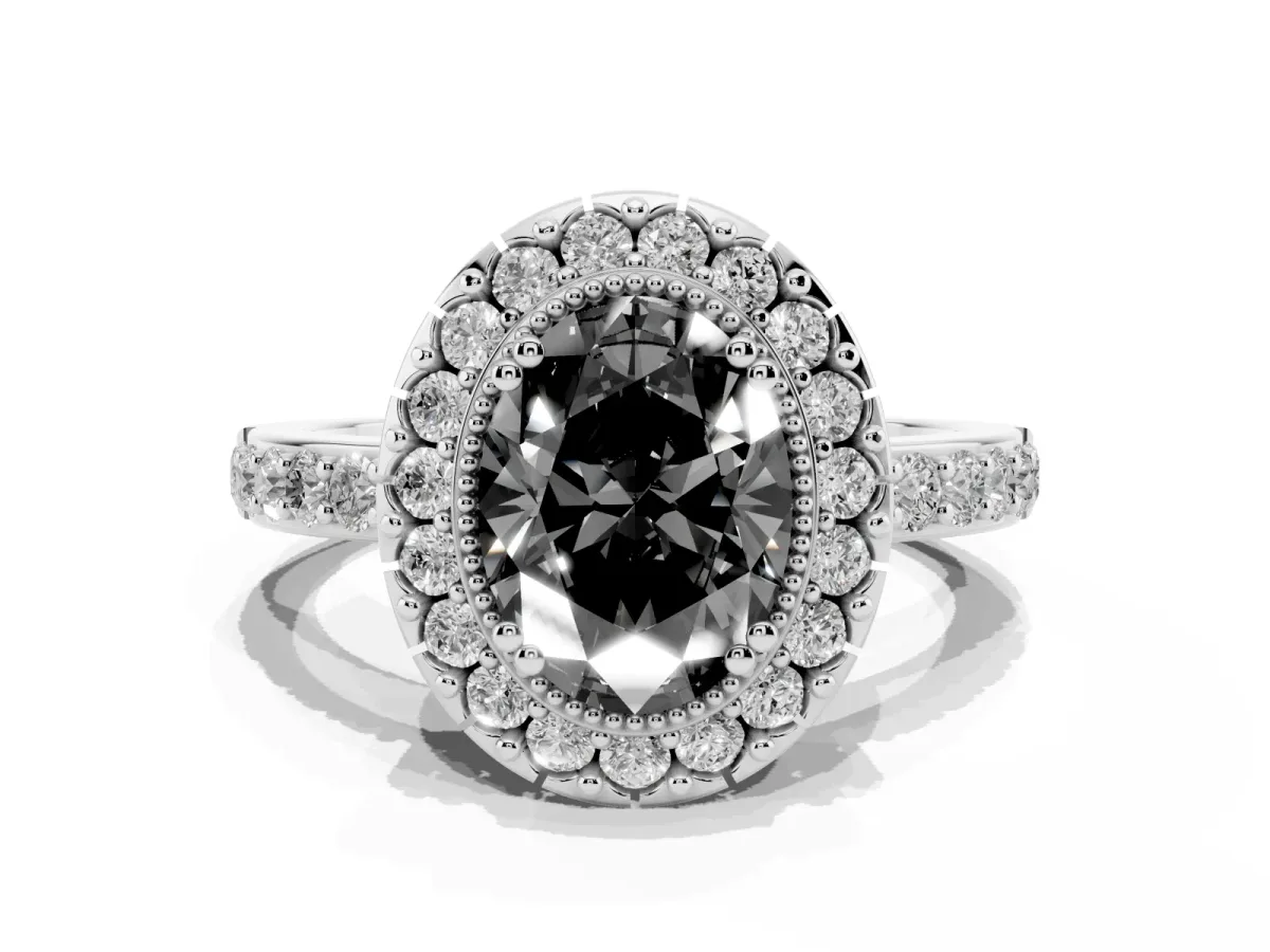 Fancy Black Oval Cut Diamond Halo Ring with Pavé Band and Prong Setting White gold