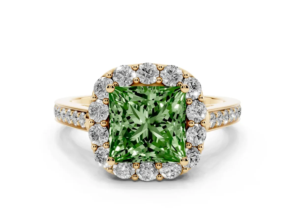 Fancy Green Princess Cut Diamond Floral Halo Ring with Pavé Band and Prong Setting Yellow gold