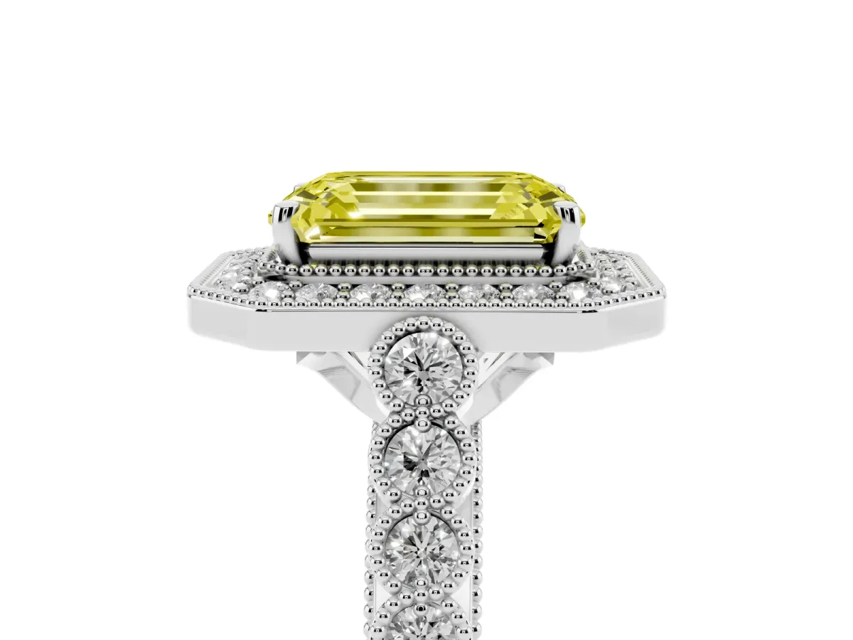 Fancy Yellow Emerald Cut Halo Milgrain Solitaire with Bezel Set Side Stones and Pave Band Silver
