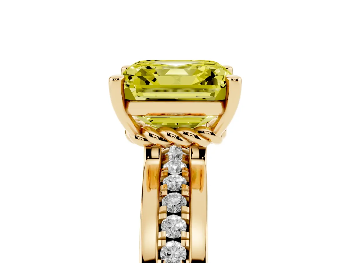 Fancy Yellow Asscher Cut Solitaire Diamond Ring with Channel Set Band and Six-Prong Setting Yellow gold