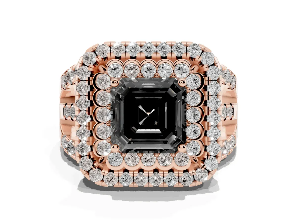 Fancy Black Asscher Cut Diamond Double Halo Ring with Round Pavé Split Shank and Prong Setting Rose gold