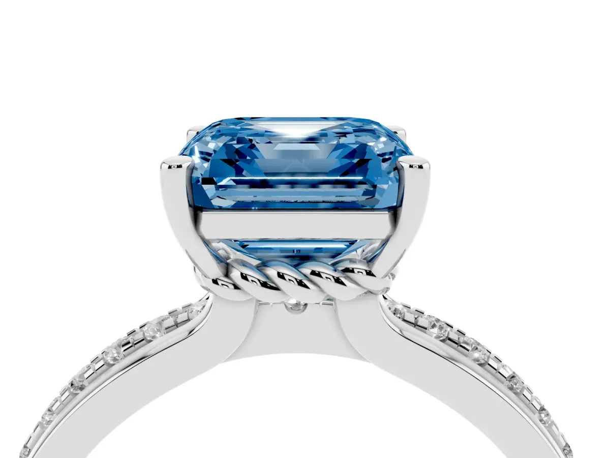 Fancy Blue Asscher Cut Solitaire Diamond Ring with Channel Set Band and Six-Prong Setting Silver
