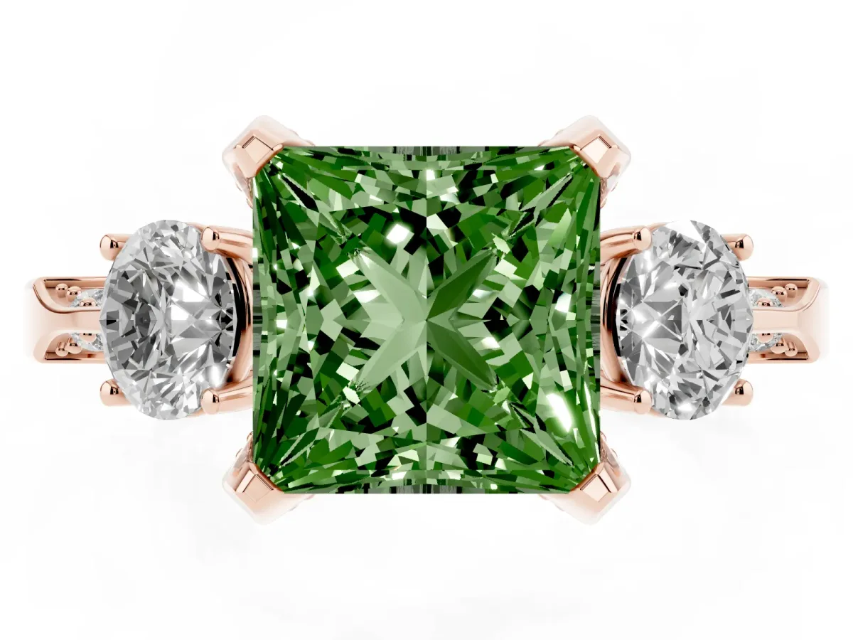 Fancy Green Princess Cut Brilliant Three-Stone Diamond Ring with Pavé Band and Four-Prong Setting Rose gold