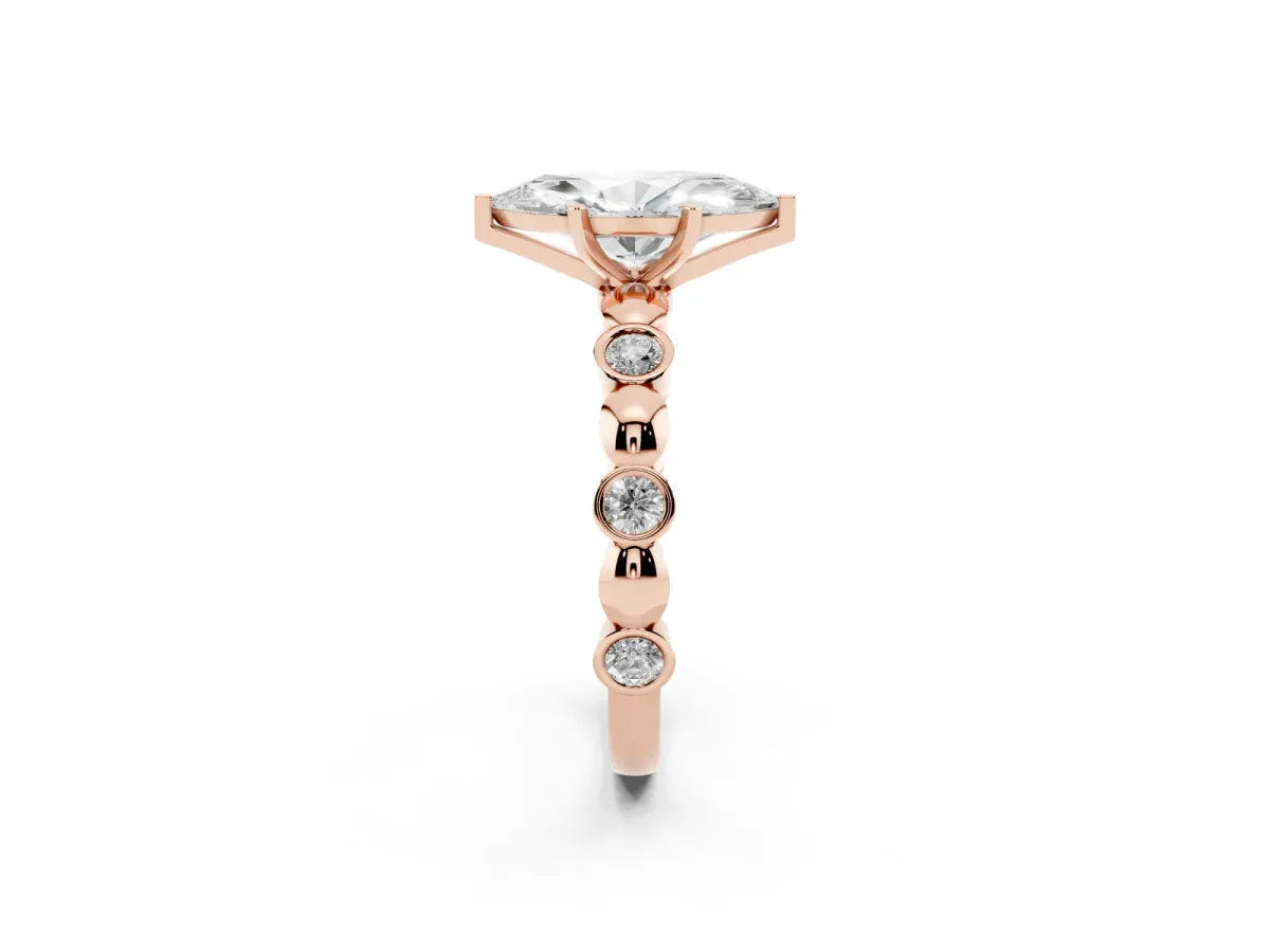 Marquise Cut Solitaire Bezel-Set Diamond Ring with Beaded Band and Four-Prong Setting Rose gold