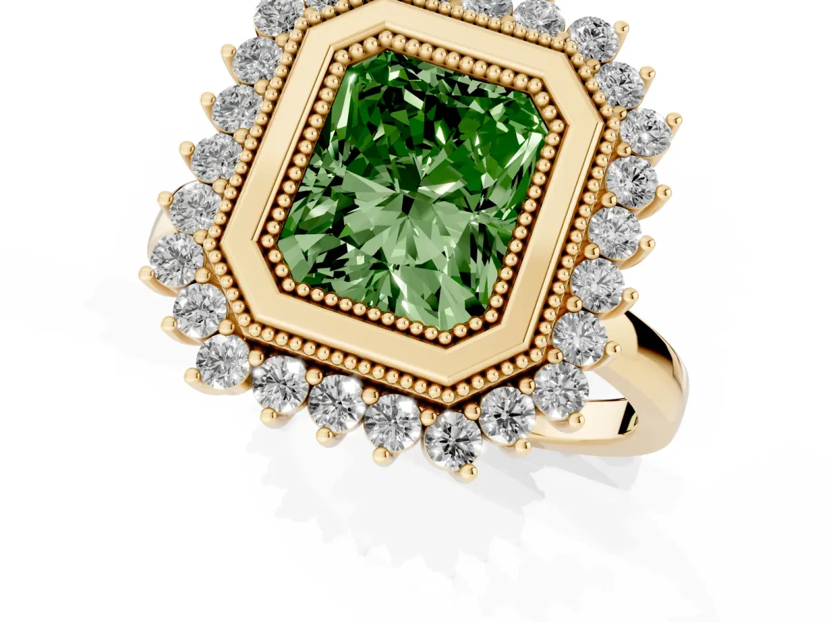 Fancy Green Radiant Cut Halo Diamond Ring with Milgrain Edge and Round Prong Setting Yellow gold