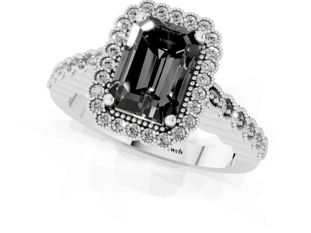 Fancy Black Radiant Cut Cut Halo Pavé Solitaire Ring with Milgrain Band White gold