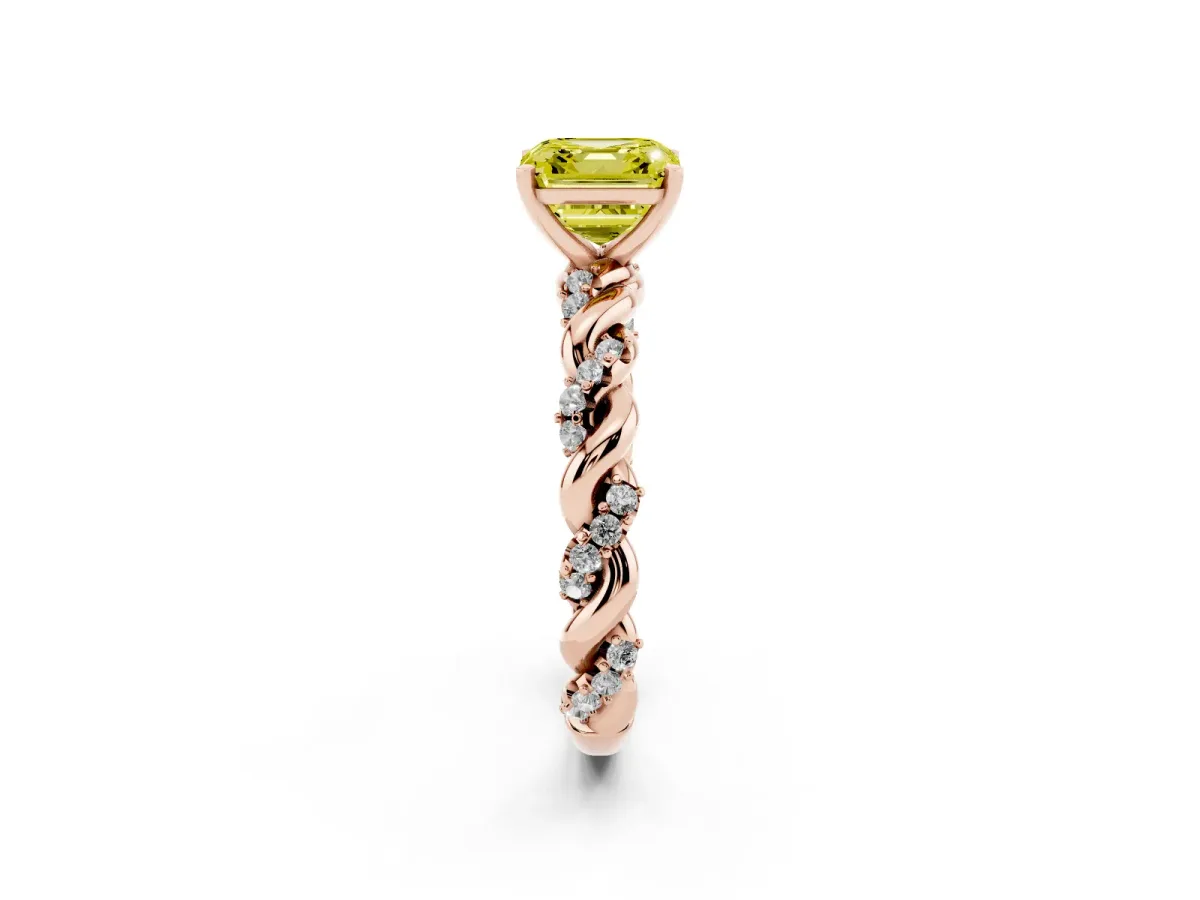 Fancy Yellow Asscher Cut Diamond Solitaire Ring with Twisted Band and Pavé Accents Rose gold