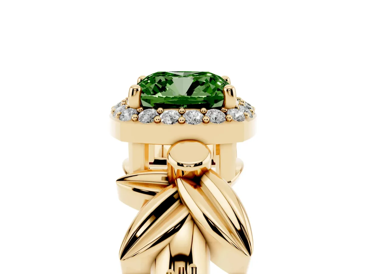 Fancy Green Cushion Cut Halo Diamond Floral Band with Four-Prong Setting Yellow gold