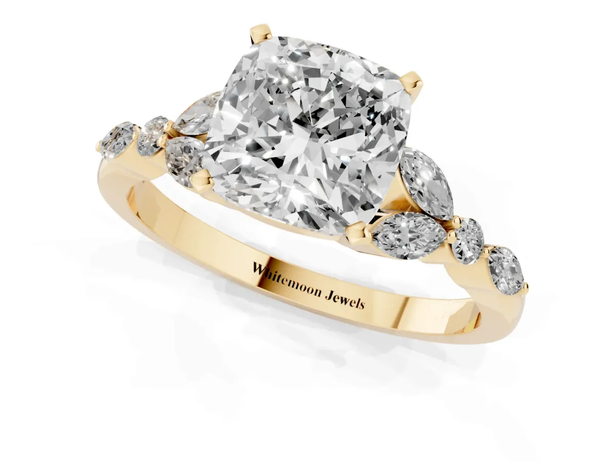 Cushion Cut Diamond Solitaire Ring with Side Stones and Four-Prong Setting Yellow gold