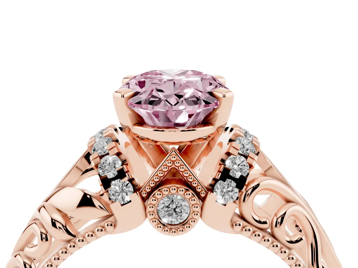 Fancy Pink Oval Cut Solitaire Filigree Engagement Ring with Halo and Prong Setting Rose gold