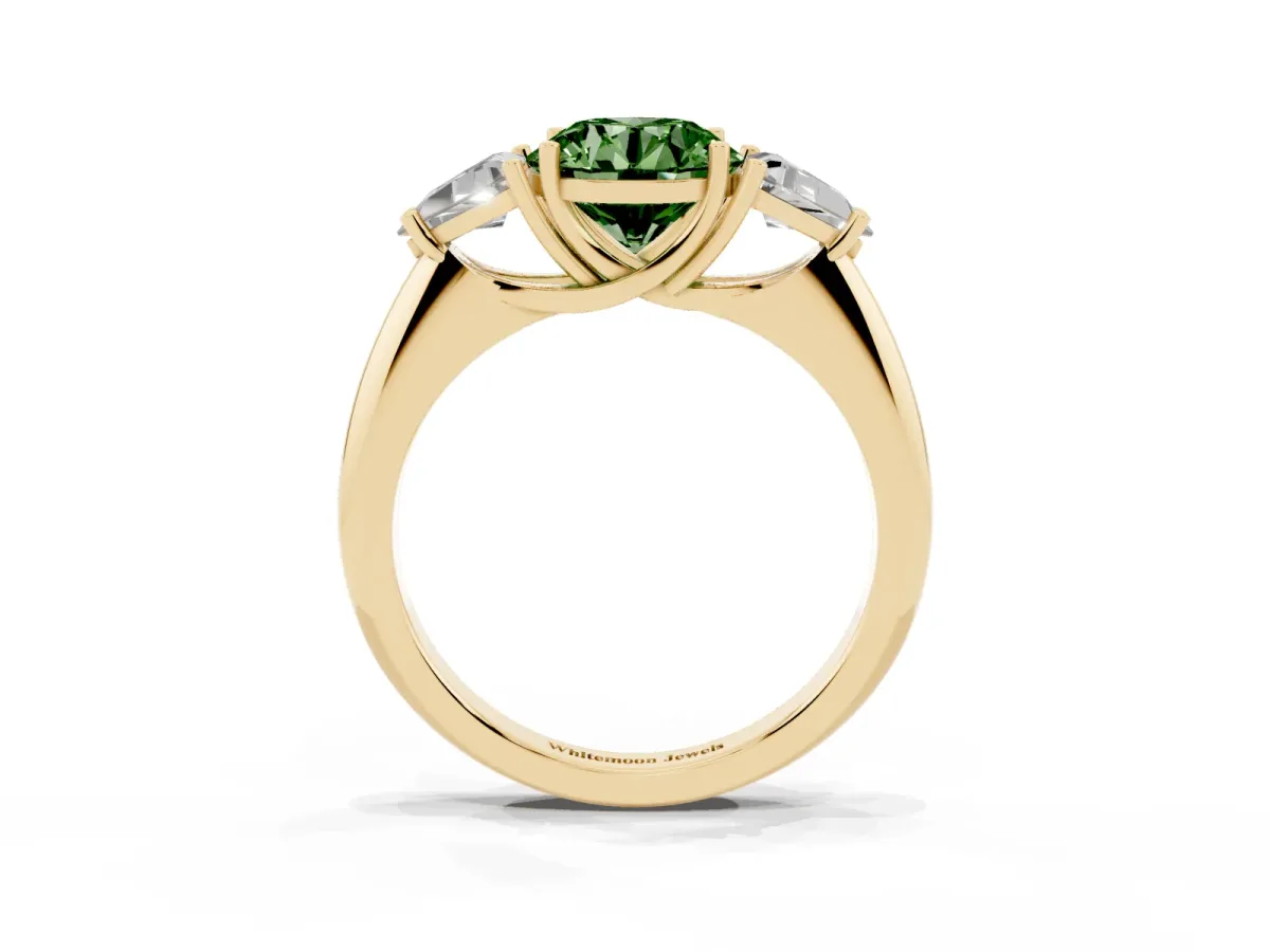 Fancy Green Three-Stone Round Cut Diamond Engagement Ring with Trillion Side Stones and Prong Setting Yellow gold