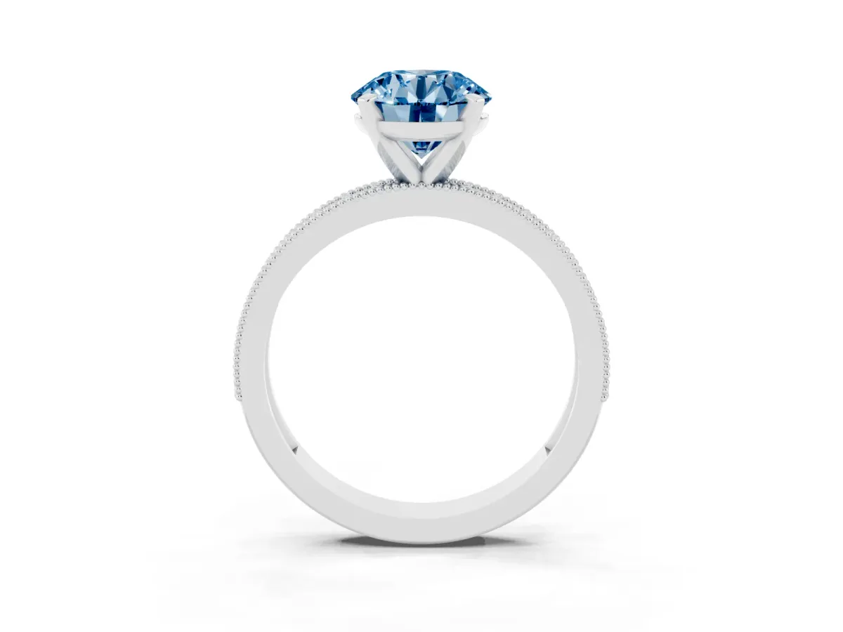 Fancy Blue Round Cut Diamond Milgrain Pavé Engagement Ring with Four-Prong Setting Silver