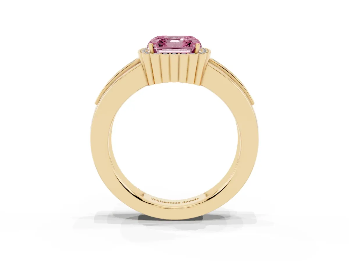 Fancy Pink Asscher Cut Cut Halo Pave Band Four-Prong Ring Yellow gold