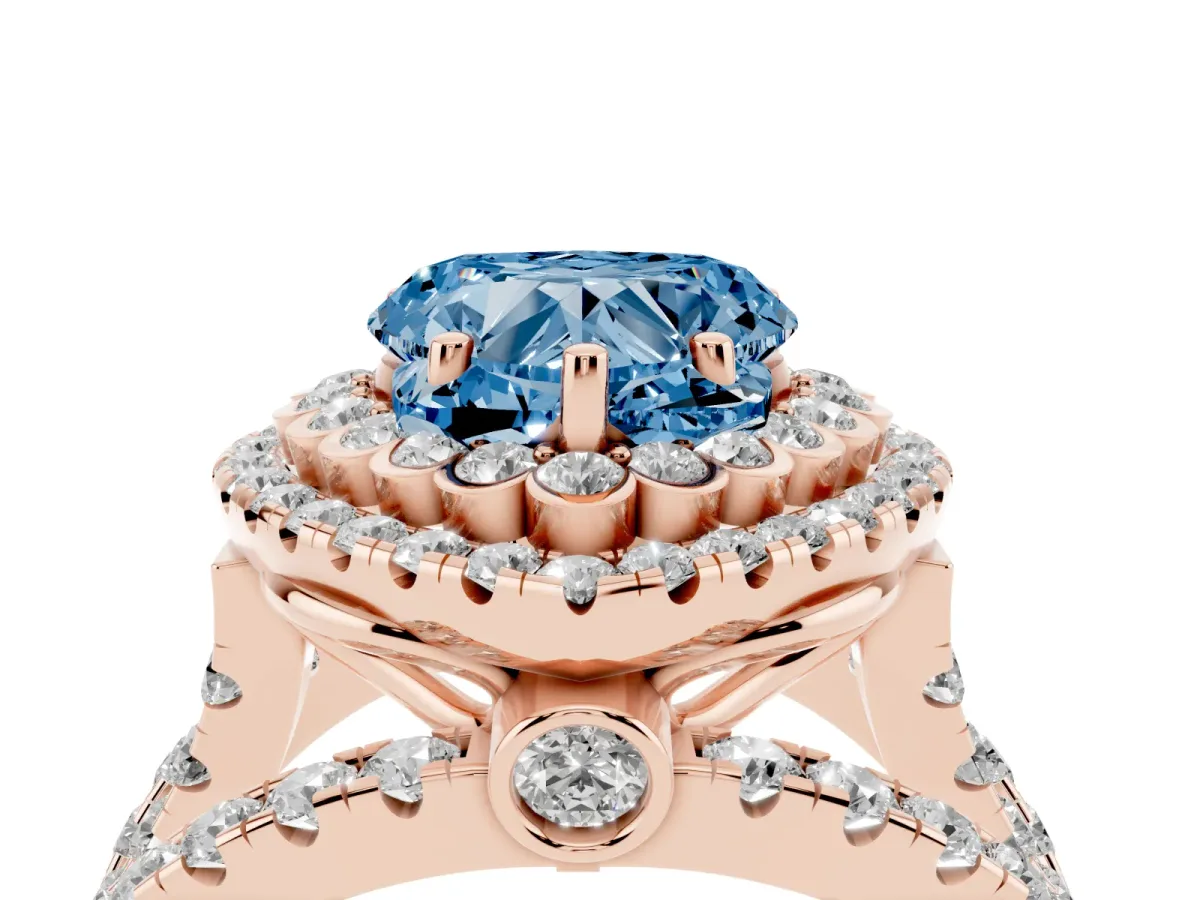 Fancy Blue Heart Cut Diamond Double Halo Ring with Round Pavé Split Shank and Prong Setting Rose gold