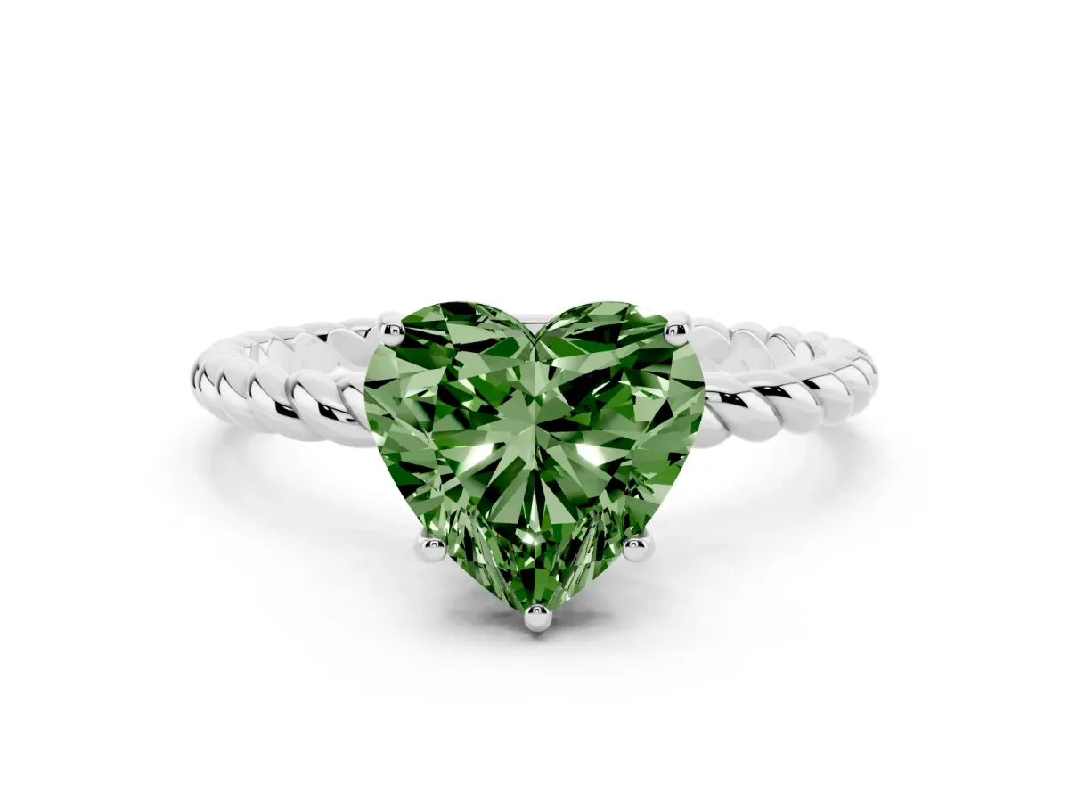 Fancy Green Heart Cut Solitaire Twisted Band 4-Prong Ring Silver