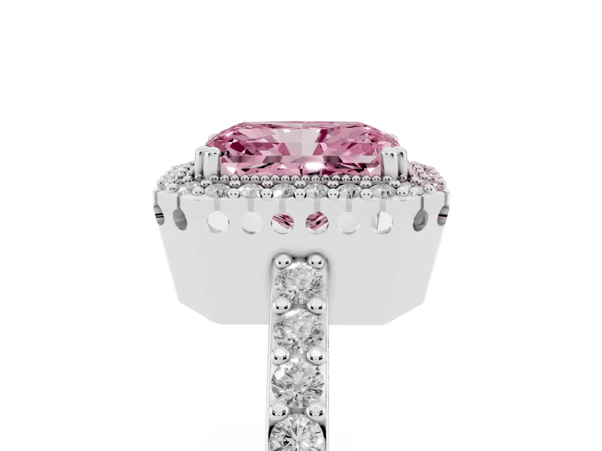 Fancy Pink Radiant Cut Cut Diamond Halo Engagement Ring with Milgrain Detail and Pavé Band Silver