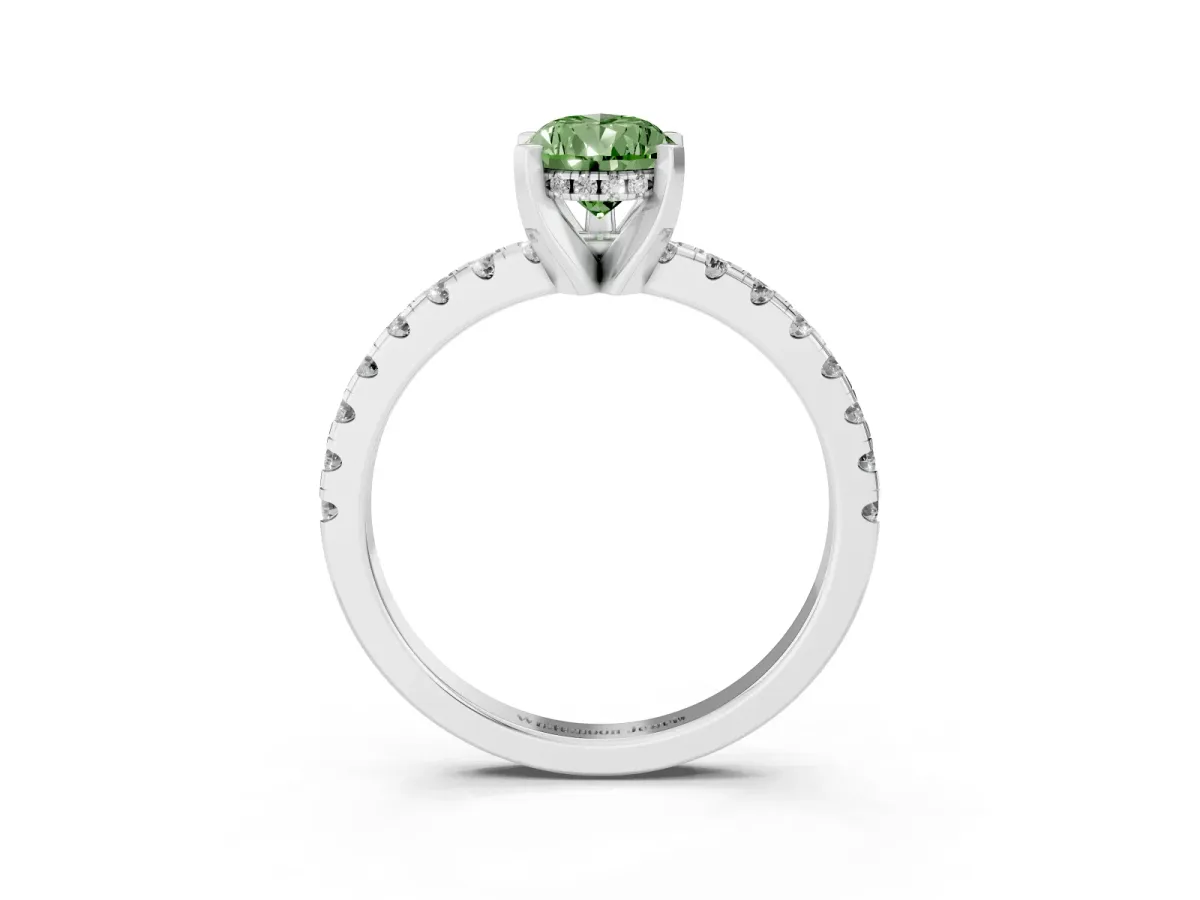 Fancy Green Pear Cut Diamond Solitaire Ring with Round Pavé Band and Four-Prong Setting Silver