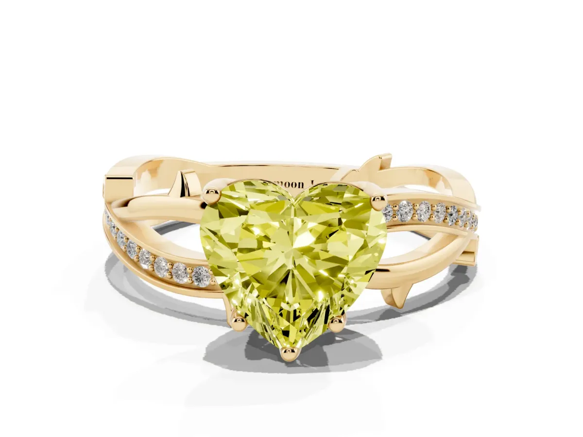 Fancy Yellow Heart Cut Solitaire Twist Band with Pavé Accents and Four-Prong Setting Yellow gold