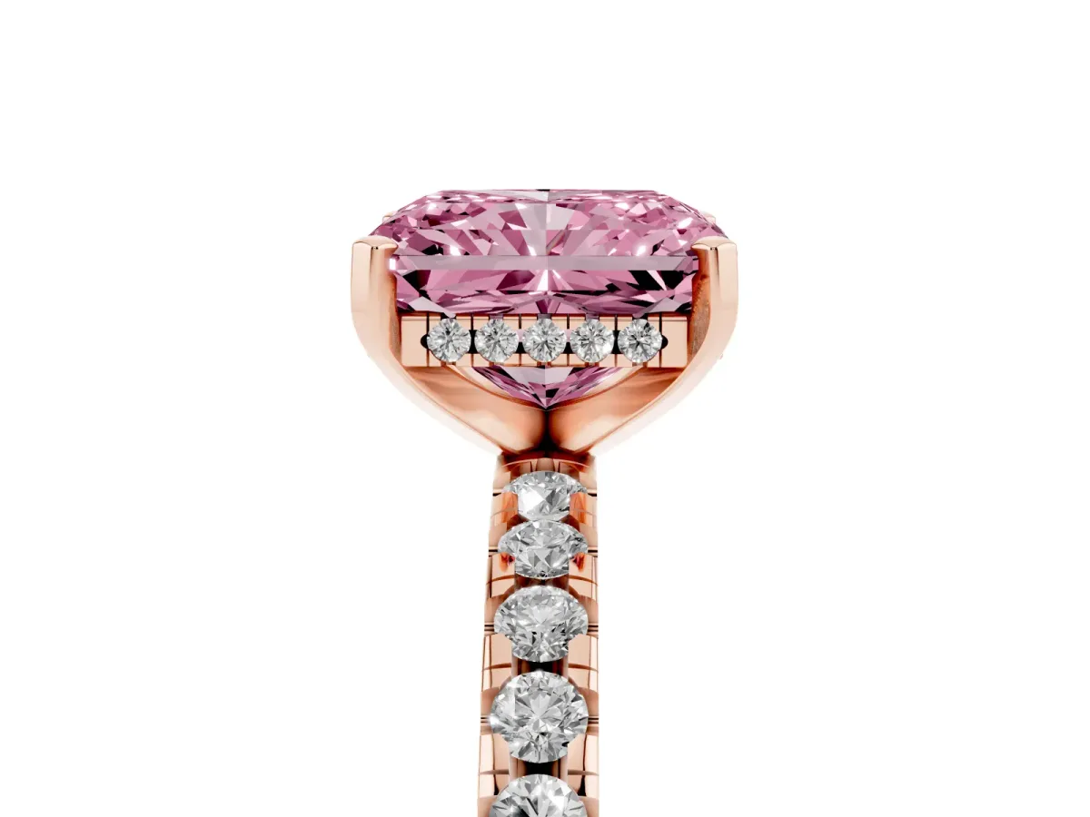 Fancy Pink Radiant Cut Diamond Solitaire Ring with Round Pavé Band and Four-Prong Setting Rose gold