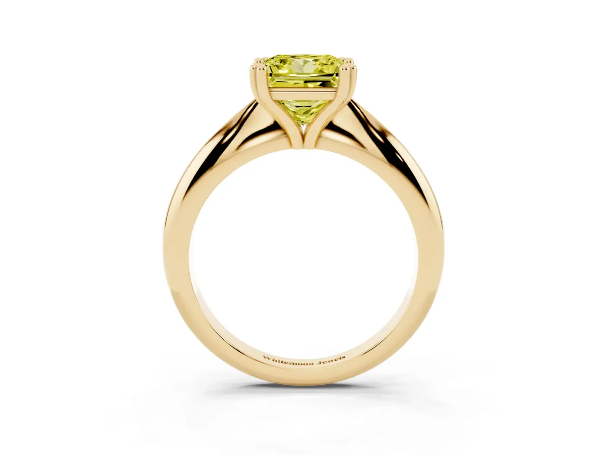 Fancy Yellow Princess Cut Cut Solitaire Engagement Ring with Tapered Band and Four-Prong Setting Yellow gold