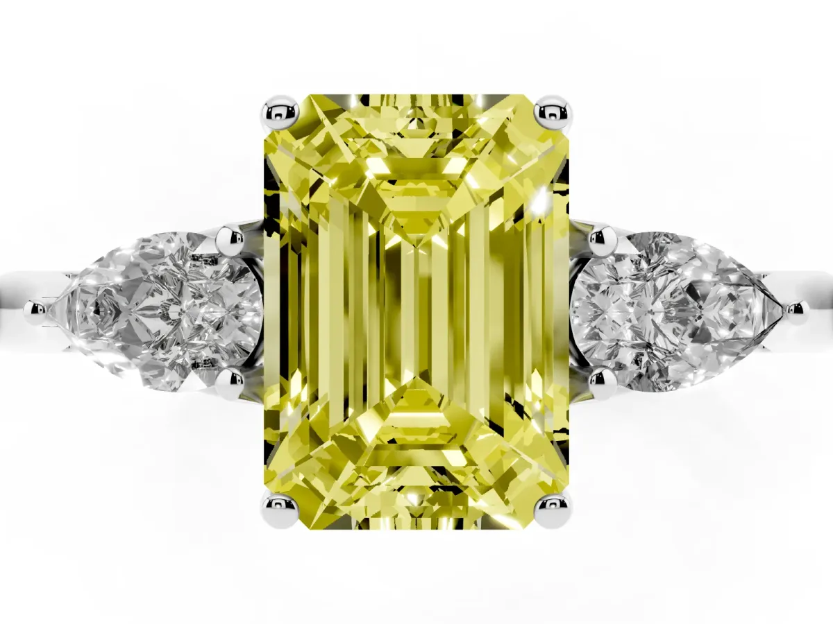 Fancy Yellow Emerald Cut Diamond Three-Stone Ring with Pear Side Stones and Prong Setting Silver