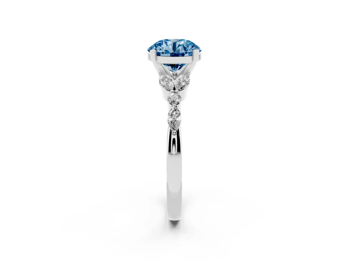 Fancy Blue Round Cut Diamond Solitaire Ring with Side Stones and Four-Prong Setting White gold