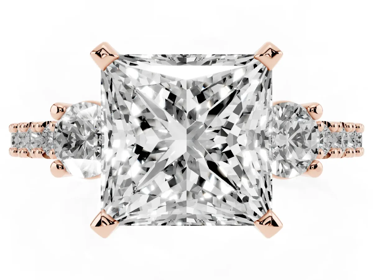 Princess Cut Three-Stone Diamond Pavé Band with Prong Setting Rose gold