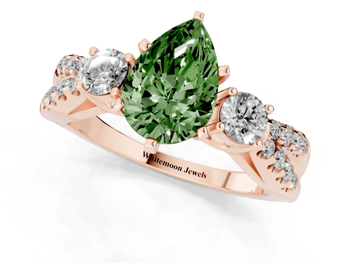 Fancy Green Pear Cut Diamond Three-Stone Ring with Pavé Split Shank and Four-Prong Setting Rose gold