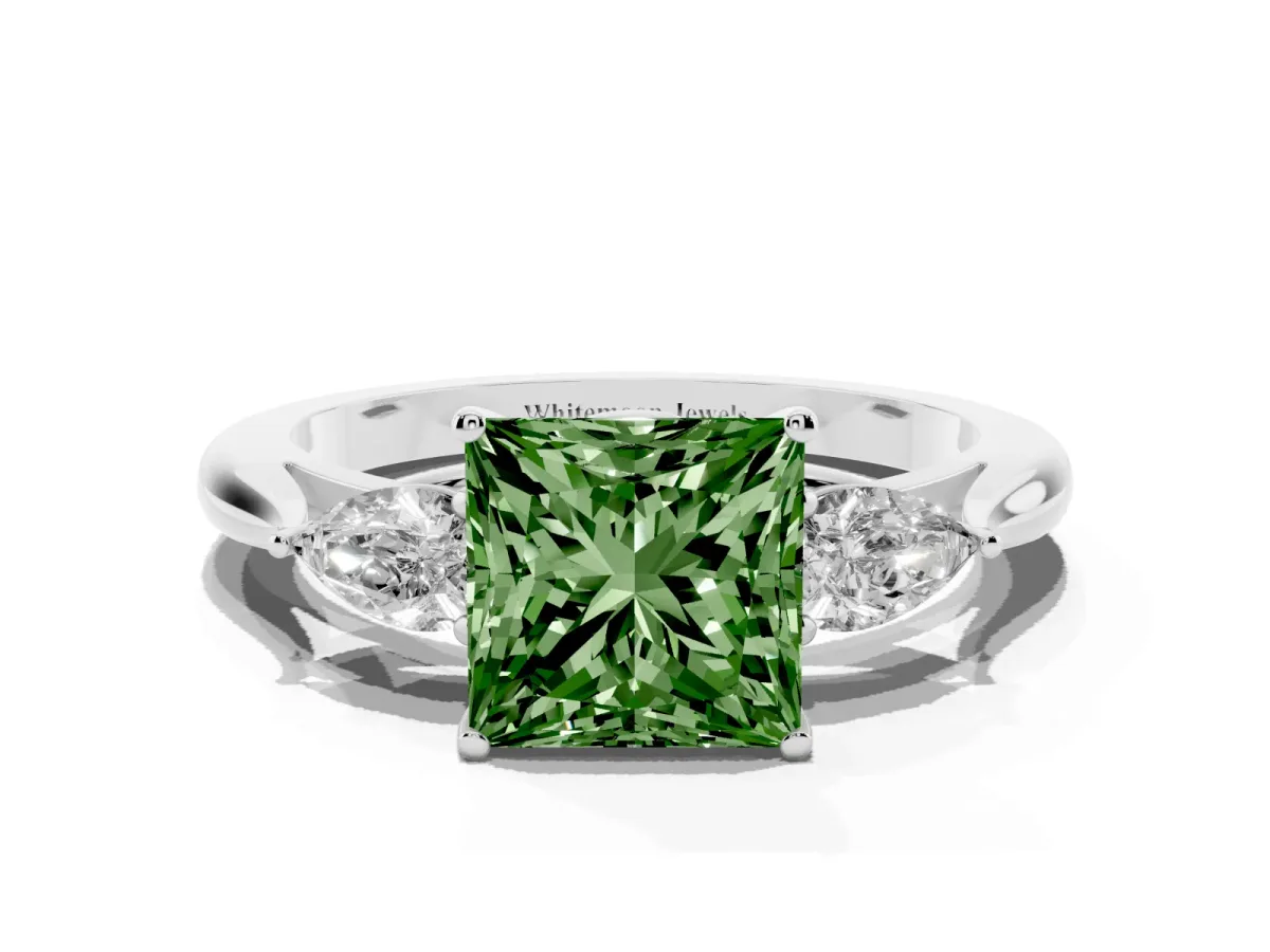 Fancy Green Princess Cut Diamond Three-Stone Ring with Pear Side Stones and Prong Setting Silver