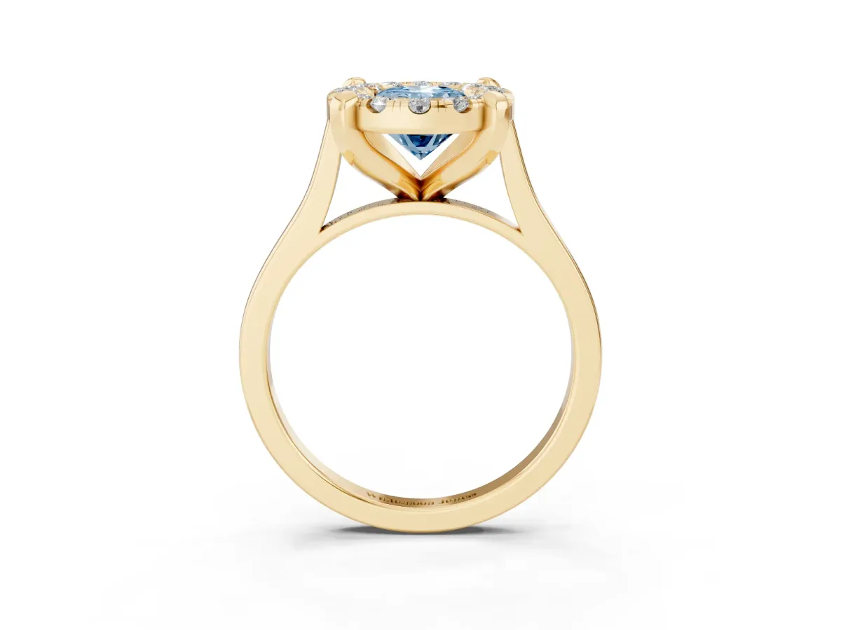 Fancy Blue Oval Cut Diamond Cluster Halo Solitaire with Four-Prong Setting Yellow gold