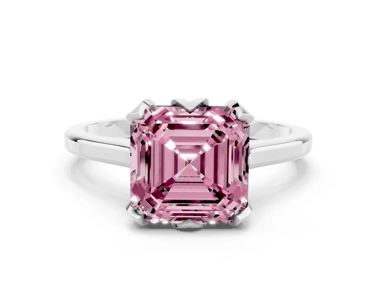 Fancy Pink Asscher Cut Diamond Solitaire Ring with Flower Prong Setting and Classic Band Silver