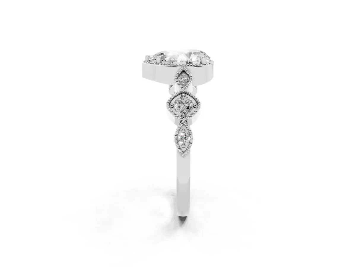 Pear Cut Diamond Vintage Milgrain Ring with Round Stations Silver