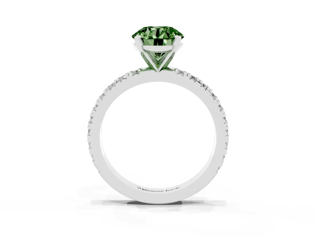 Fancy Green Round Cut Diamond Pavé Band Solitaire with Four-Prong Setting Silver