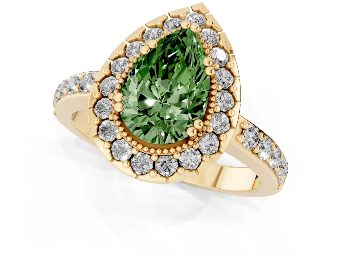 Fancy Green Pear Cut Diamond Halo Ring with Pavé Band and Prong Setting Yellow gold