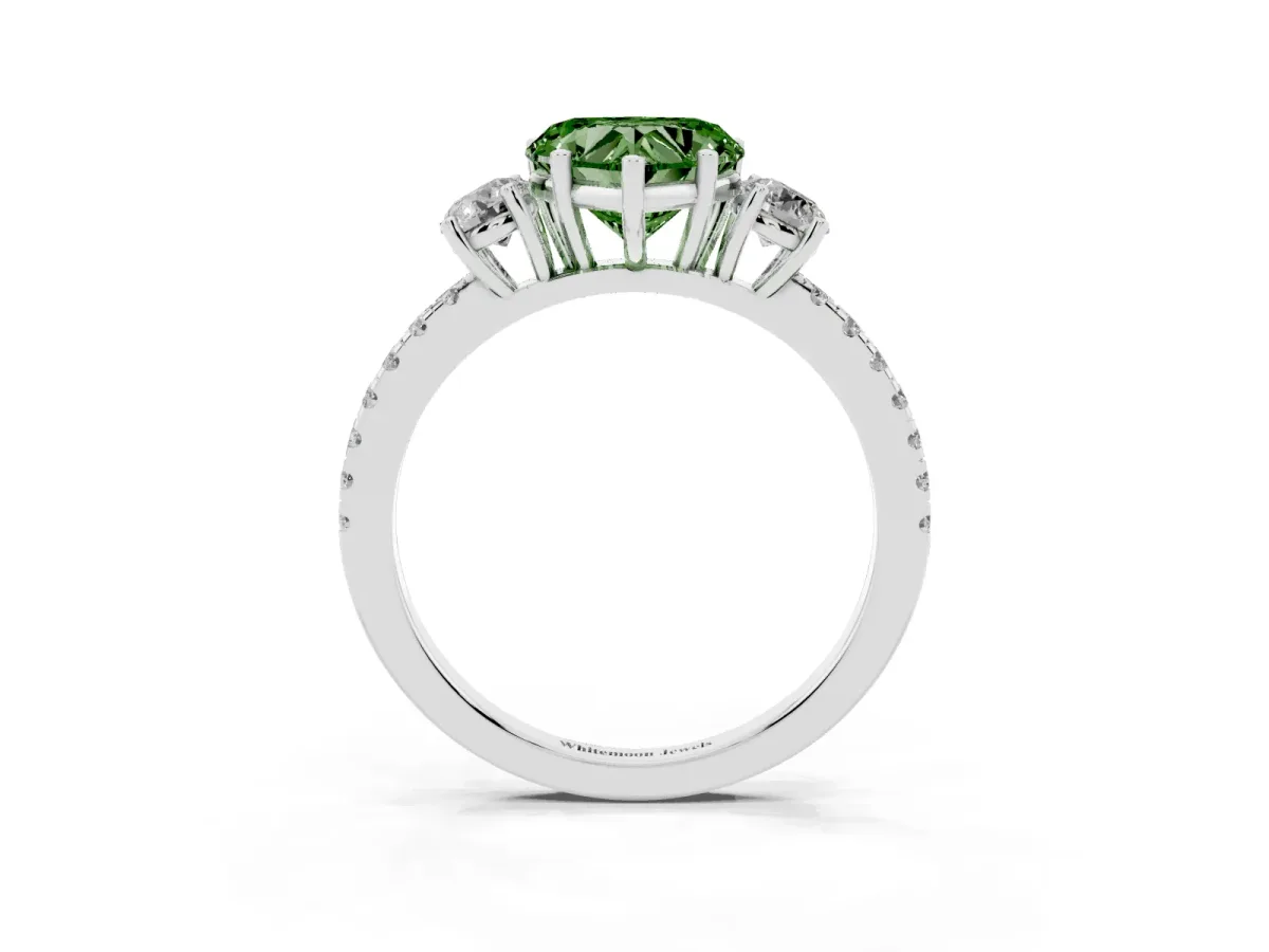 Fancy Green Three-Stone Heart Cut Cut Diamond Pavé Band with Prong Setting Silver