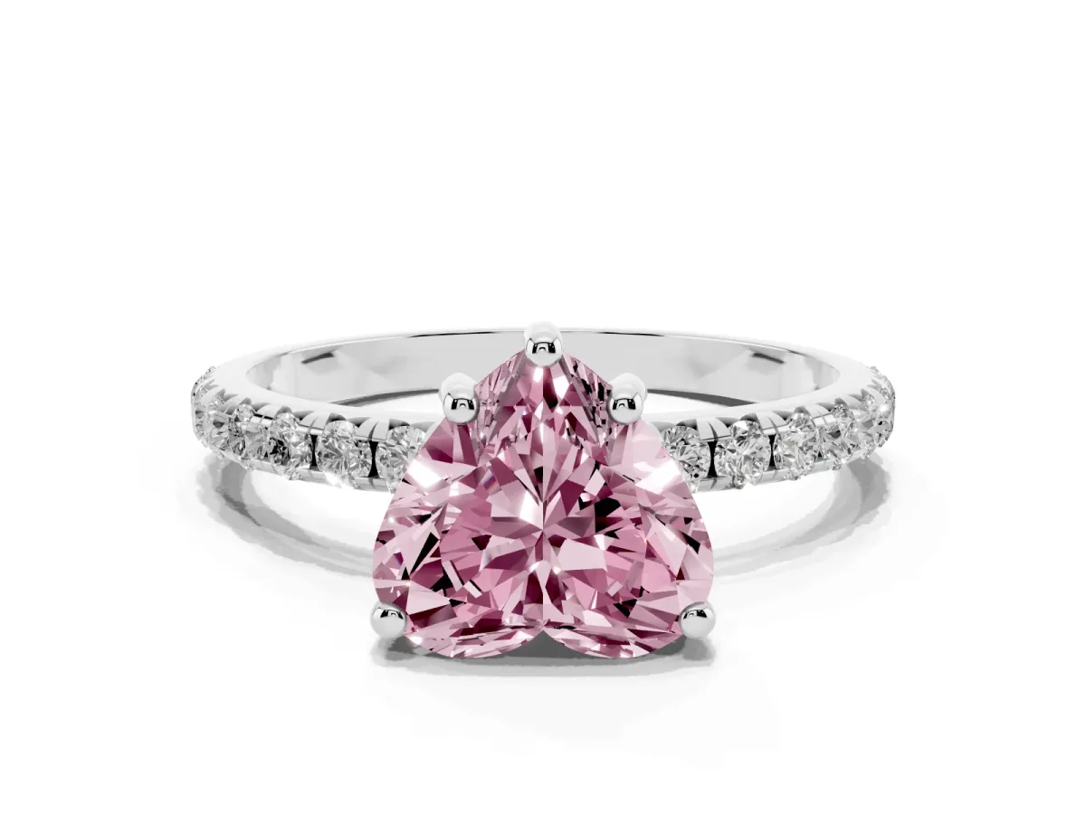 Fancy Pink Heart Cut Cut Diamond Solitaire Ring with Micro Pave Band and Four Prong Setting Platinum
