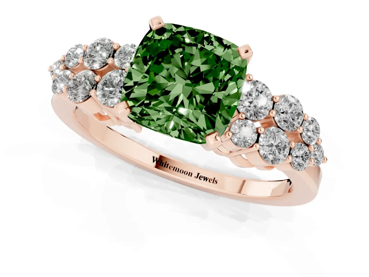 Fancy Green Cushion Cut Cluster Diamond Engagement Ring with Pavé Band and Four-Prong Setting Rose gold