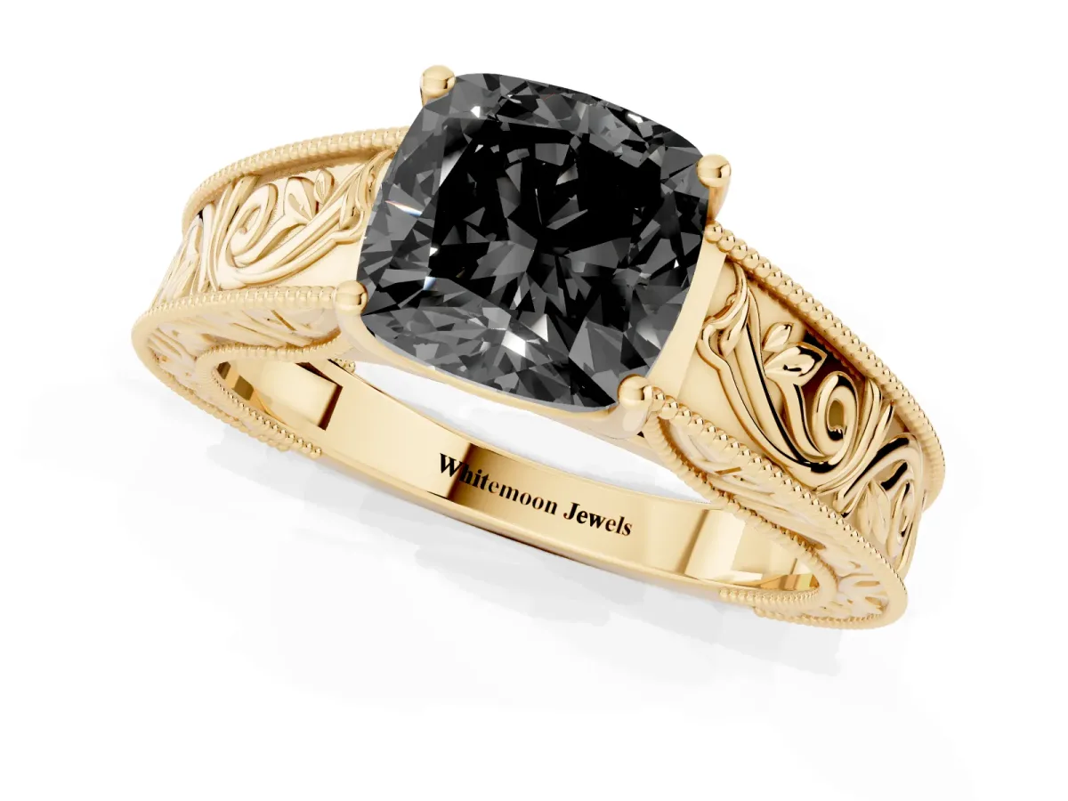Fancy Black Cushion Cut Diamond Solitaire Ring with Engraved Band and Four-Prong Setting Yellow gold