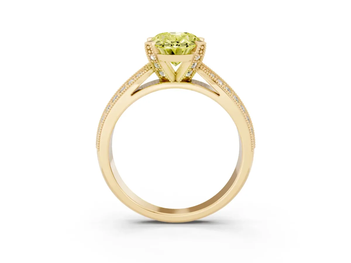 Fancy Yellow Oval Cut Diamond Solitaire Ring with Milgrain Round Pavé Band and Prong Setting Yellow gold