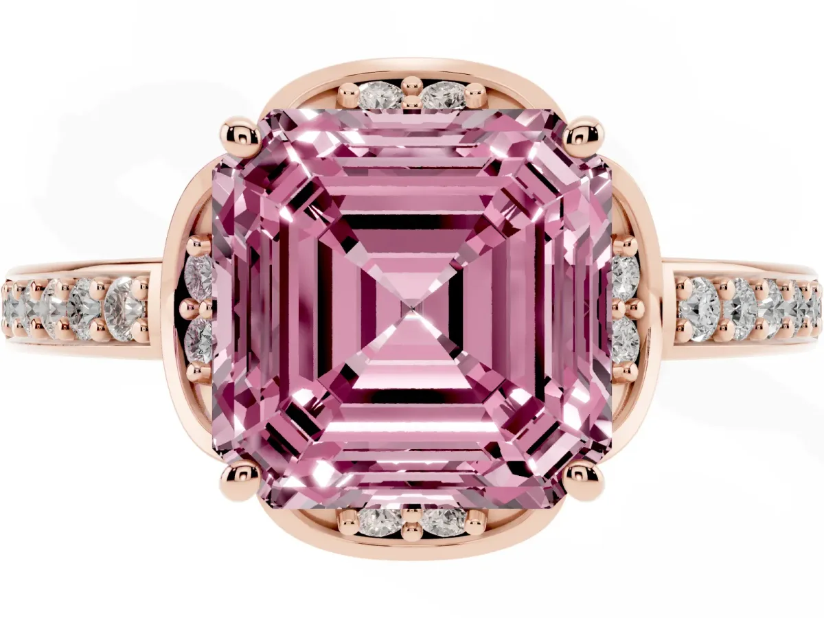 Fancy Pink Asscher Cut Cut Halo Diamond Ring with Channel Set Band and Four-Prong Setting Rose gold