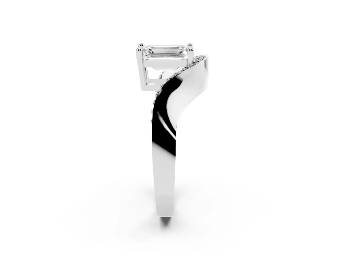 Emerald Cut Solitaire Diamond Engagement Ring with Pave Band and Four-Prong Setting Silver