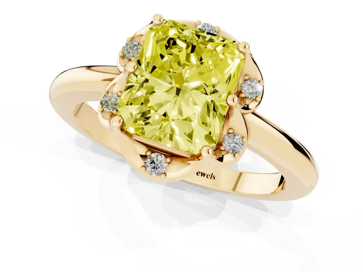 Fancy Yellow Radiant Cut Halo Diamond Ring with Round Cluster Setting, Solitaire Band, and Four-Prong Setting Yellow gold