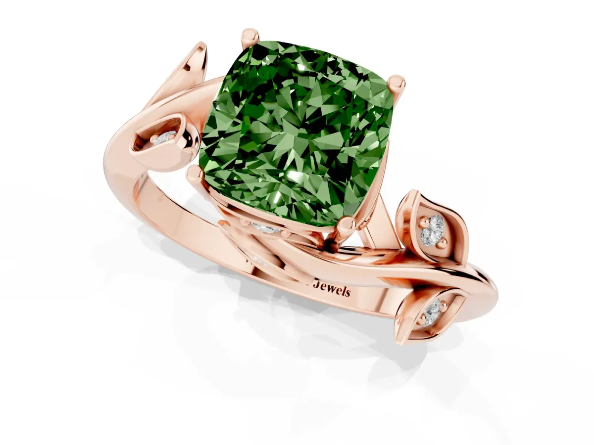 Fancy Green Cushion Cut Solitaire Twist Engagement Ring with Leaf Accents and Prong Setting Rose gold