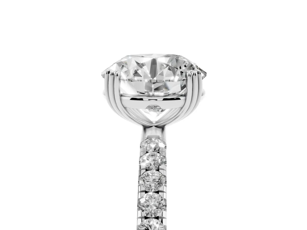 Round Cut Brilliant Solitaire with Pavé Band and Claw Prong Setting Platinum
