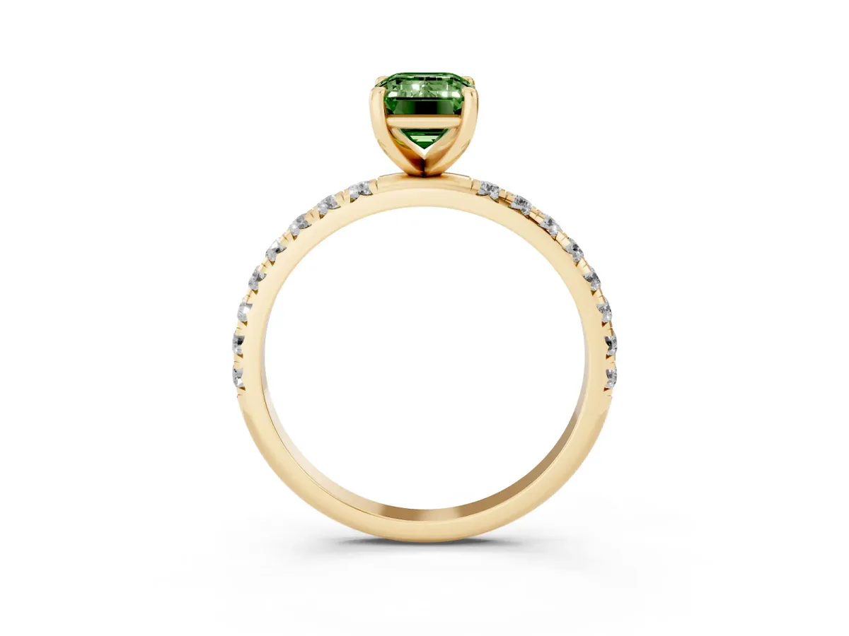 Fancy Green Emerald Cut Cut Diamond Solitaire Ring with Micro Pave Band and Four Prong Setting Yellow gold