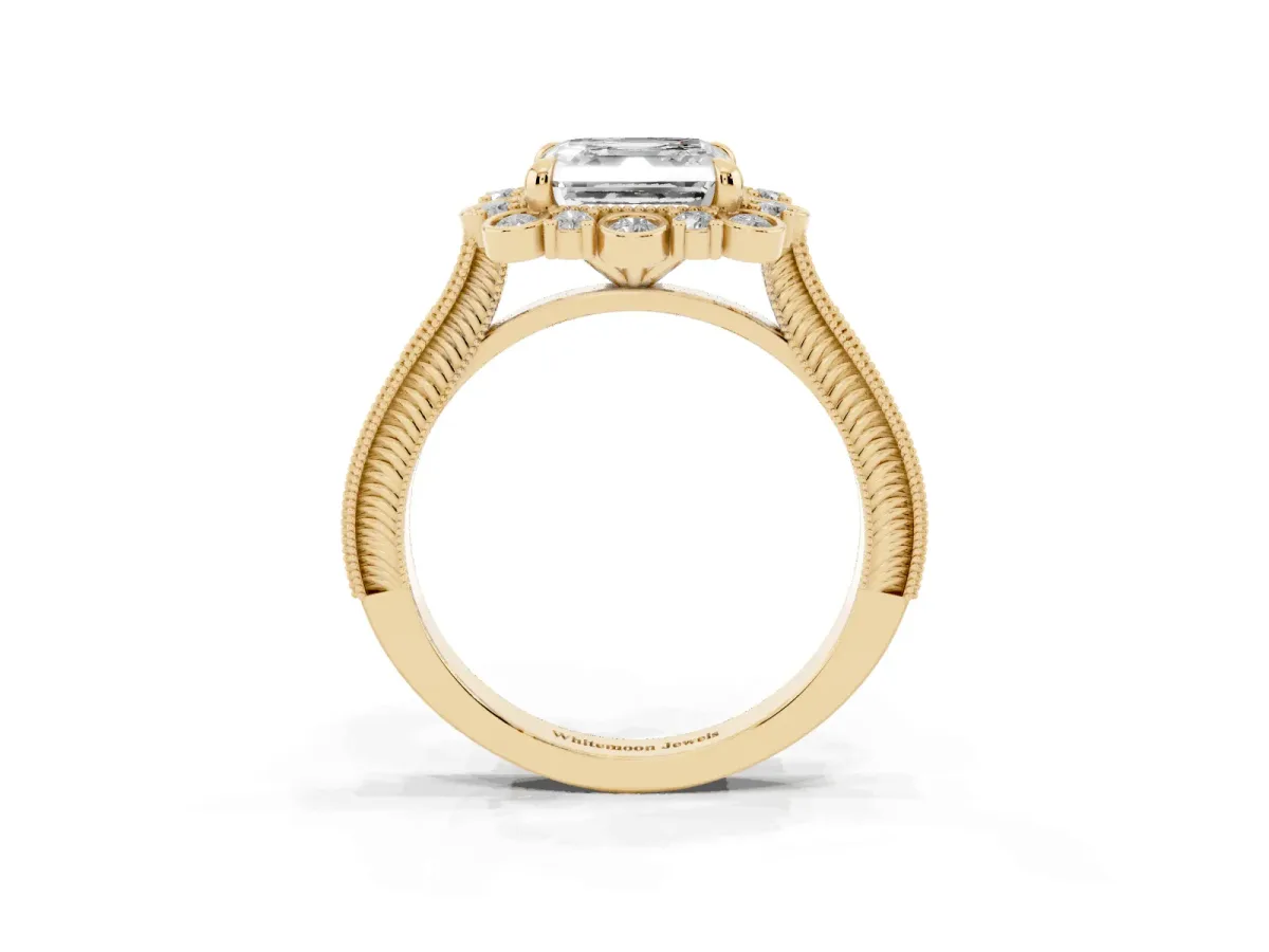 Asscher Cut Halo Milgrain Pave Diamond Ring with Four-Prong Setting Yellow gold