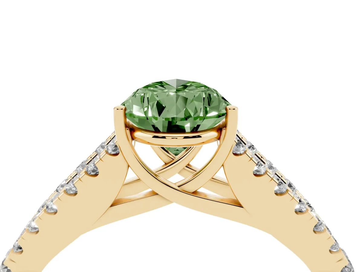 Fancy Green Pear Cut Diamond Split Shank Engagement Ring with Round Pavé and Prong Setting Yellow gold