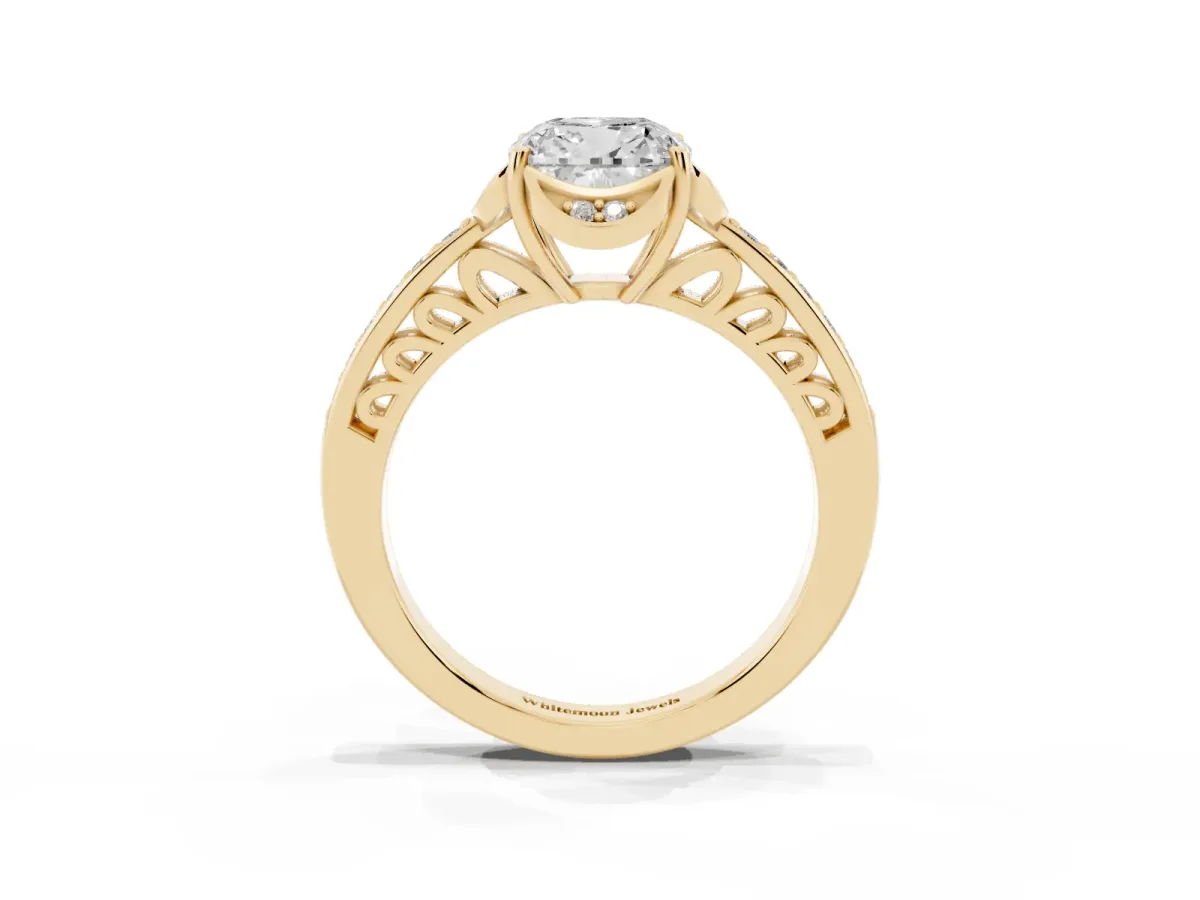 Cushion Cut Cut Halo Diamond Ring with Channel Set Band and Four-Prong Setting Yellow gold