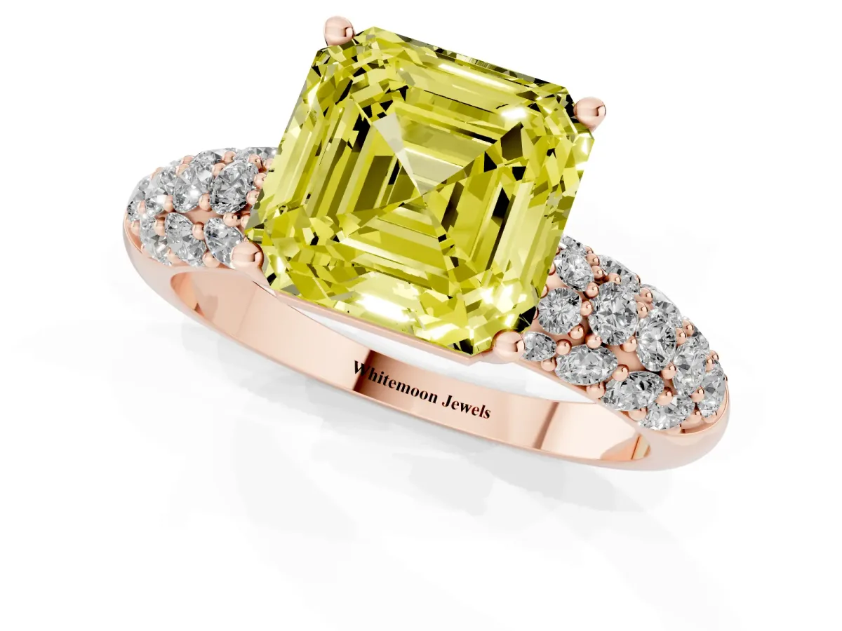 Fancy Yellow Asscher Cut Diamond Pavé Band Solitaire Ring with Four-Prong Setting Rose gold